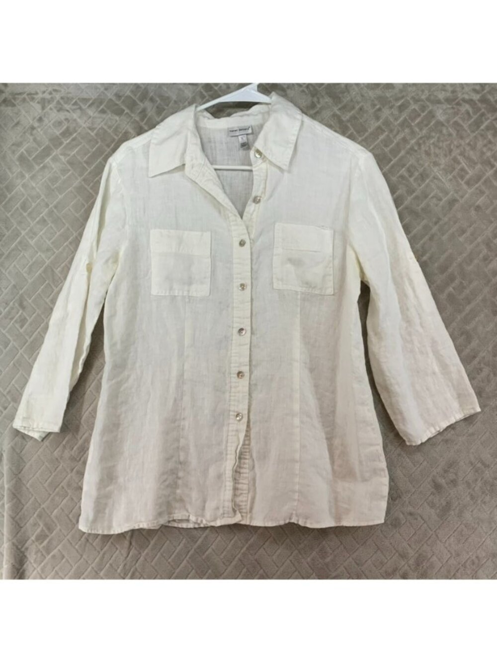 Harve Bernard Shirt Womens L White Linen Button Up 3/4 Sleeve Casual Coastal